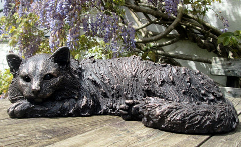 "Beignet" Longhaired Lying Cat Suzie Marsh Sculpture, Bronze resin sculpture Sculpture
